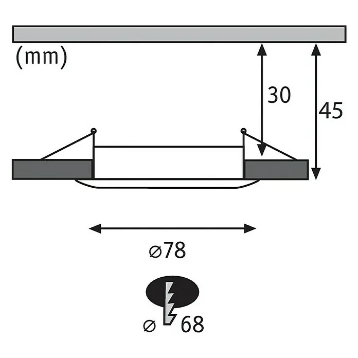 Paulmann LED-Einbauleuchte Nova - 6,5 W, Eisen gebürstet, Warmweiß, 1 Stk. - Technische Zeichnung einer Einbauleuchte mit Maßangaben, die Einbautiefe, Durchmesser und Deckenabstand zeigen.