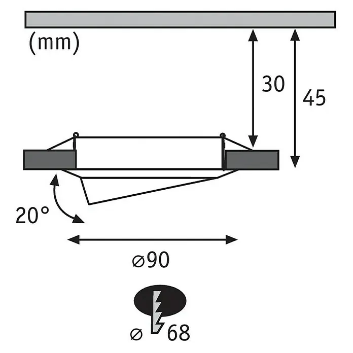 Paulmann LED-Einbauleuchten-Set Base - 5 W, Eisen gebürstet, 3 Stk., Warmweiß - Technische Zeichnung eines Produkts mit Maßangaben und Details zur Installation in Millimetern.