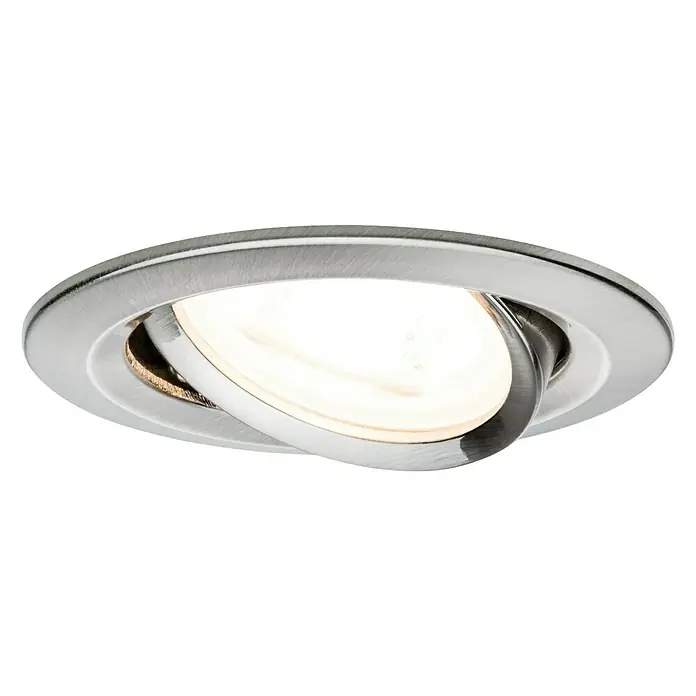 Paulmann Set de focos LED empotrables Diseño discreto - 6,5 W, Hierro cepillado, 3 ud., Blanco cálido - Primer plano de un foco empotrable giratorio con un acabado en níquel cepillado. La luminaria emite una luz blanca cálida, creando un ambiente agradable.
