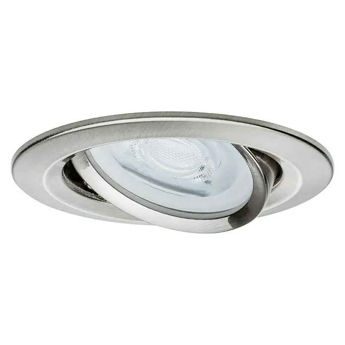 Paulmann Set de focos LED empotrables Diseño discreto - 6,5 W, Hierro cepillado, 3 ud., Blanco cálido - Primer plano de una lámpara empotrable redonda plateada con foco ajustable y bombilla brillante sobre un fondo neutro.