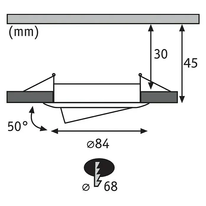 Paulmann Nova LED-Einbauleuchten-Set - 6,5 W, 3 Stk., Warmweiß, Durchmesser: 8,4 cm, Weiß - Diagramm eines Deckeneinbauspots mit Maßangaben zu Einbautiefe, Durchmesser und Neigungswinkel.