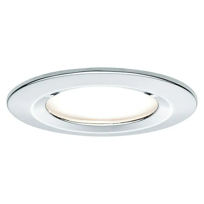 Paulmann Nova Set de focos LED empotrables Nova Coin Rigid - 6,5 W, 3 ud., Blanco cálido, Diámetro: 7,8 cm, Cromo - Primer plano de un foco empotrable de cromo pulido, que emite una luz brillante y cálida, mostrando un elemento de diseño moderno.