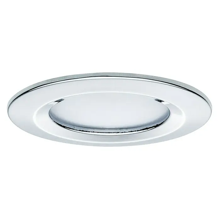 Paulmann Nova Set de focos LED empotrables Nova Coin Rigid - 6,5 W, 3 ud., Blanco cálido, Diámetro: 7,8 cm, Cromo - Primer plano de una luz LED empotrable redonda con efecto espejo, que ofrece una solución de iluminación moderna para cualquier estancia.