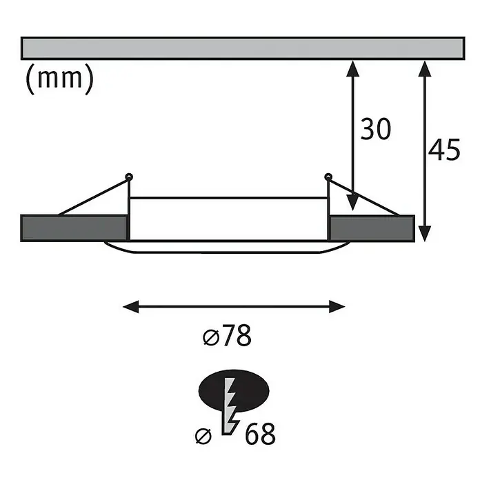 Paulmann Nova LED-Einbauleuchten-Set - 6,5 W, 3 Stk., Warmweiß, Durchmesser: 7,8 cm, Chrom - Produktzeichnung mit Maßen und Symbolen. Die Leuchte hat einen Durchmesser von 78 mm und benötigt eine Bohrung von 68 mm.