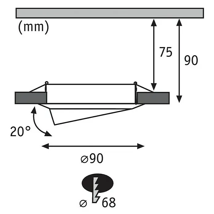 Paulmann LED-Einbauleuchte Base - 5 W, Weiß, Warmweiß - Technische Zeichnung einer Einbauleuchte mit Maßen und Winkeln zur Installation.