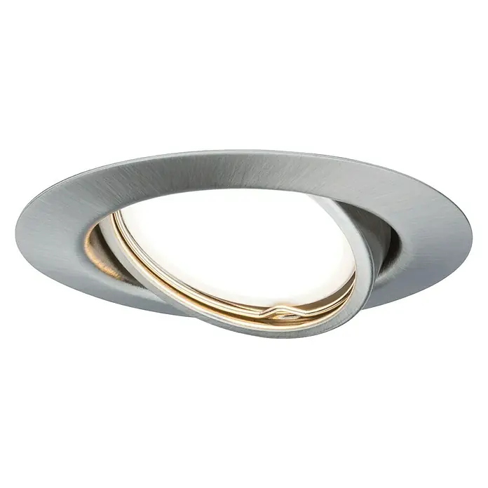 Paulmann Set de focos LED empotrables Base GU10 - 5 W, Hierro cepillado, 3 ud., Blanco cálido - Primer plano de un foco de techo redondo y moderno hecho de metal cepillado con luz blanca brillante.