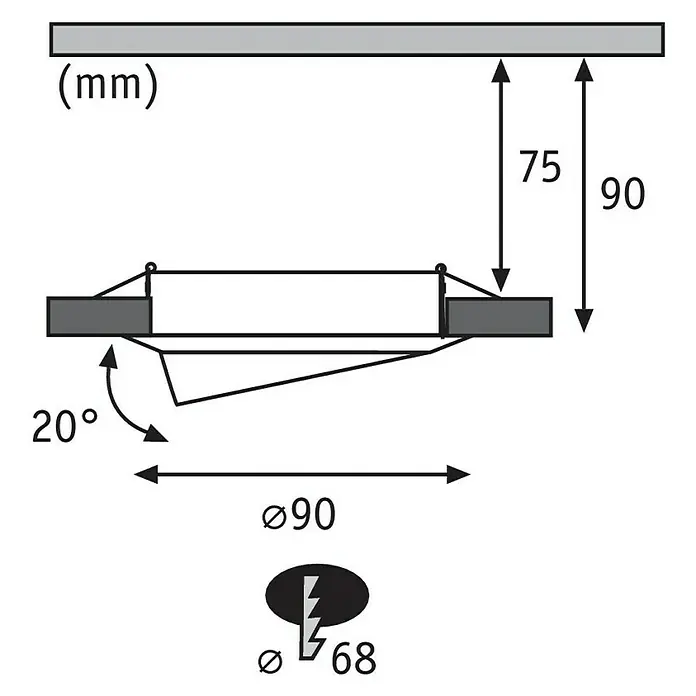 Paulmann LED-Einbauleuchten-Set Base - 5 W, Eisen gebürstet, 3 Stk., Warmweiß, Leuchtenkopf beweglich - Schemazeichnung einer Lampe mit den Maßen 75-90 mm Höhe, 90 mm Durchmesser und einem Winkel von 20 Grad.