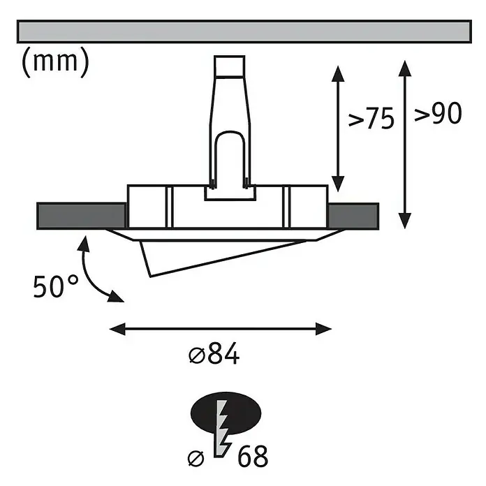 Paulmann Downlight empotrable LED redondo Nova Orientable - 6,5 W, Ø x Al: 8,4 x 9 cm, Hierro cepillado, Blanco cálido - Ilustración de un esquema de una luminaria con dimensiones y símbolos de seguridad eléctrica.