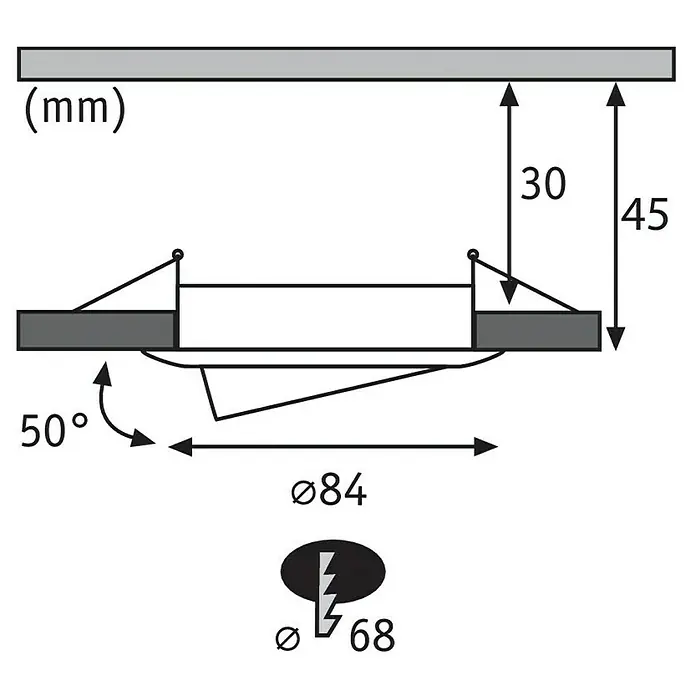 Paulmann Nova LED-Einbauleuchte - 6,5 W, Warmweiß, 1 Stk., Leuchtenkopf beweglich, Weiß - Abbildung eines Produkts mit Maßangaben, inklusive Durchmesser und Winkel, zur detaillierten Produktbeschreibung.