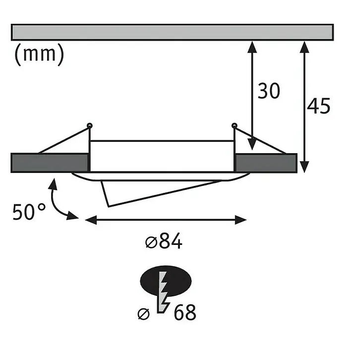 Paulmann Nova LED-Einbauleuchten-Set - 6,5 W, 3 Stk., Warmweiß, Durchmesser: 8,4 cm, Chrom - Technische Zeichnung einer Einbauleuchte mit Maßangaben für Installation und Abmessungen in Millimetern.