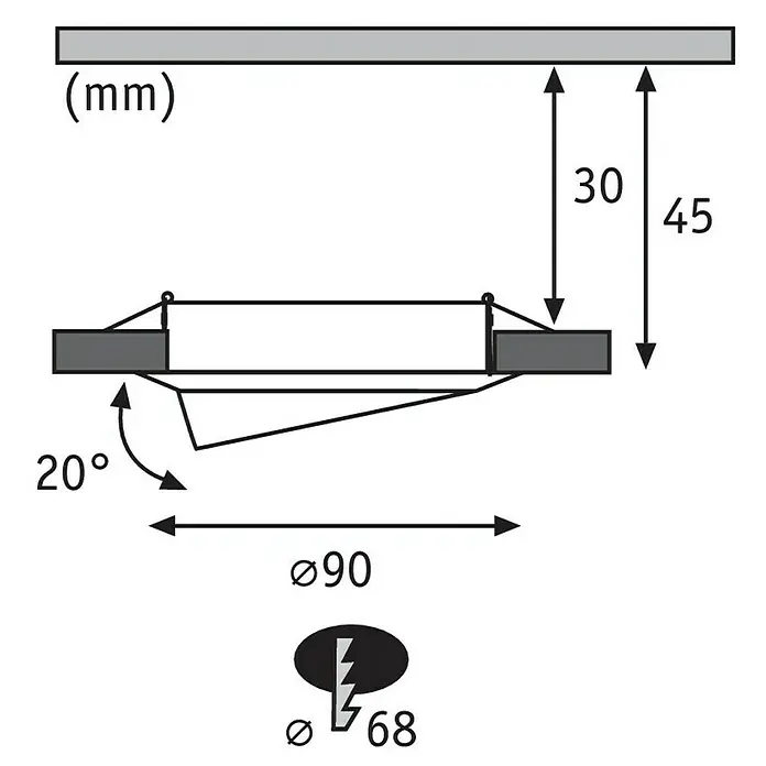 Paulmann LED-Einbauleuchte Base - 5 W, Silber, Warmweiß, Durchmesser: 51 mm - Produktzeichnung mit Maßen. Abstand zur Decke 30-45mm, Durchmesser 90mm, Ausrichtung 20°, Stromanschluss Ø68mm.