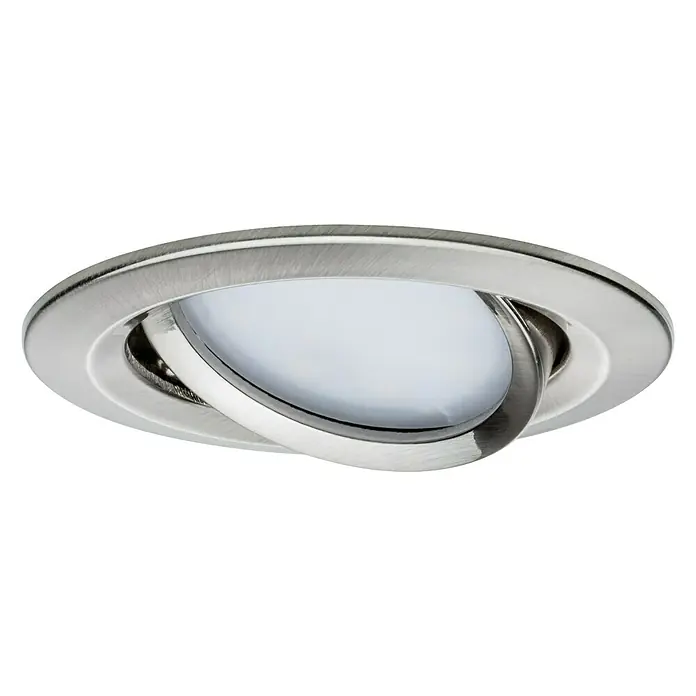Paulmann Nova LED-Einbauleuchten-Set - 6,5 W, 3 Stk., Warmweiß, 8,4 cm, Eisen gebürstet - Nahaufnahme einer modernen, runden LED-Deckenleuchte aus gebürstetem Nickel mit schwenkbarem Strahler für gezielte Beleuchtung.