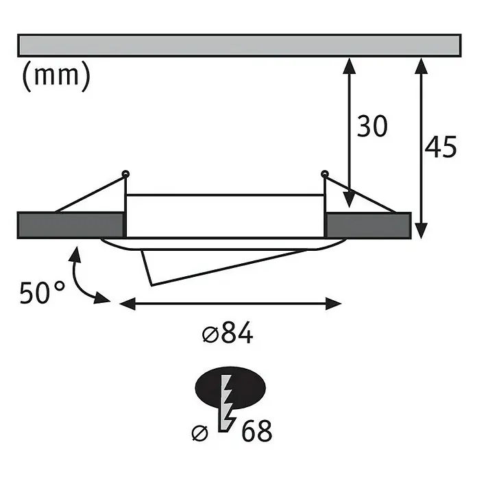 Paulmann Nova LED-Einbauleuchten-Set - 6,5 W, 3 Stk., Warmweiß, 8,4 cm, Eisen gebürstet - Technische Zeichnung einer runden Einbauleuchte mit Maßangaben und Montagehinweisen für den Einbau in Decken.