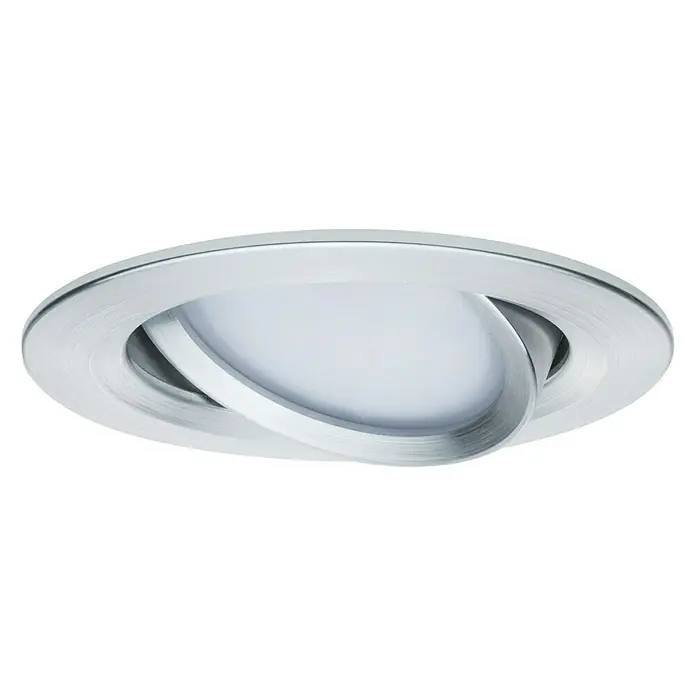 Paulmann Nova Set de focos LED empotrables Nova Coin Reto - 6,5 W, 3 ud., Blanco cálido, Diámetro: 8,4 cm, Aluminio - Primer plano de una luminaria LED redonda empotrada, con un acabado de metal cepillado y un elemento de luz blanca ajustable.