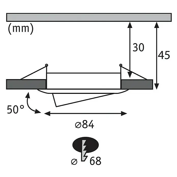 Paulmann Nova LED-Einbauleuchten-Set - 6,5 W, 3 Stk., Warmweiß, Durchmesser: 8,4 cm, Aluminium - Technische Zeichnung eines LED-Einbaustrahlers mit Maßangaben zu Einbautiefe, Durchmesser und Schwenkbereich.