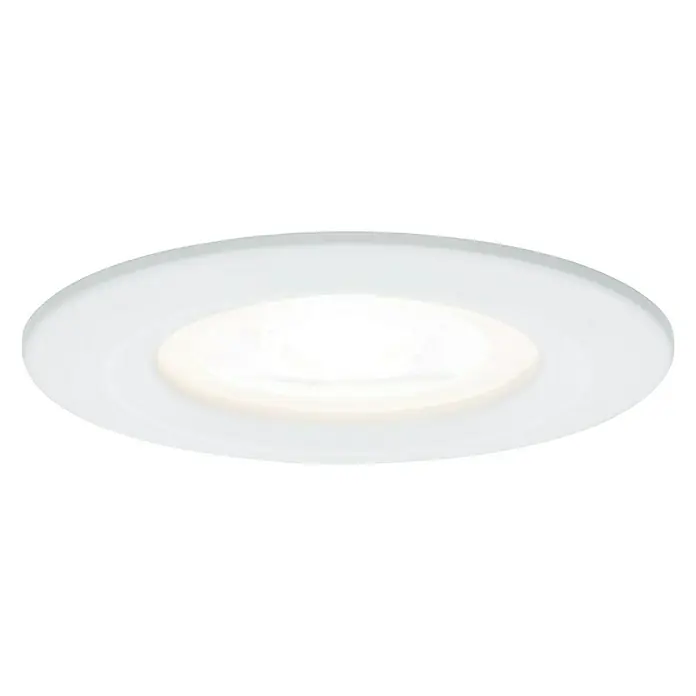 Paulmann Set de focos LED empotrables Nova Reto Rigid - 6,5 W, Blanco, 3 ud., Blanco cálido, Diámetro: 7,8 cm, IP44 - Primer plano de un downlight LED redondo blanco, que emite una luz cálida y brillante. Perfecto para interiores modernos.