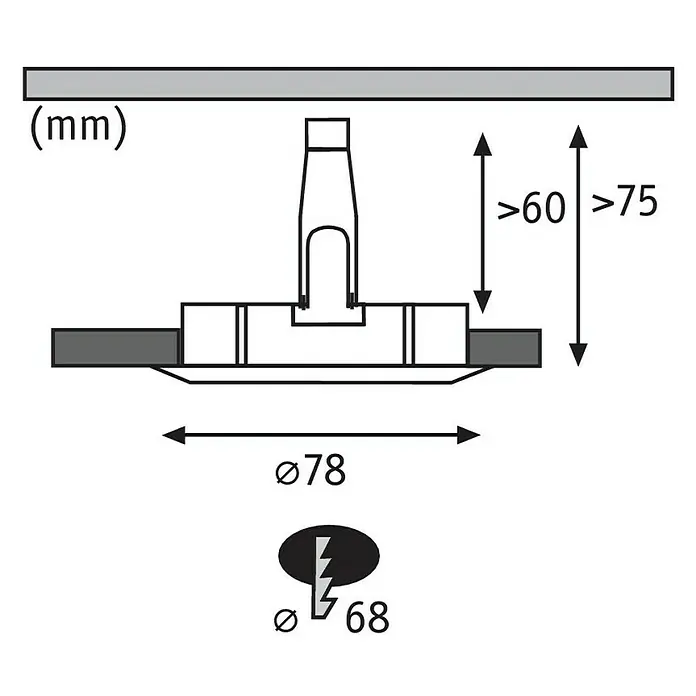 Paulmann LED-Einbauleuchten-Set Nova - 6,5 W, Weiß, 3 Stk., Warmweiß, Durchmesser: 7,8 cm, IP44 - Technische Zeichnung eines Deckeneinbaustrahlers mit Maßen in Millimetern: Durchmesser 78 mm, Höhe >60 mm, Einbauöffnung Durchmesser 68 mm.