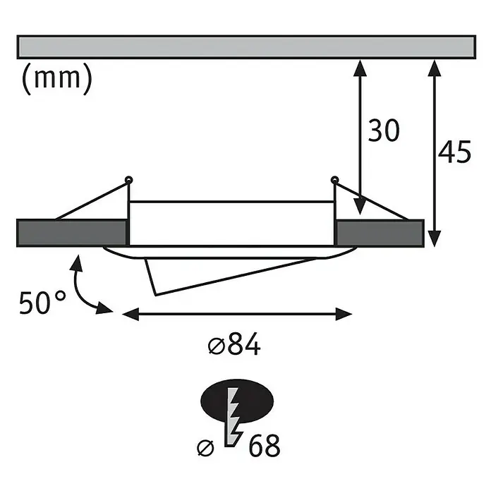 Paulmann LED-Einbauleuchte Nova - 6,5 W, Aluminium, Warmweiß, Leuchtenkopf beweglich - Eine Schemazeichnung einer Einbauleuchte mit Maßangaben zu Einbautiefe und Durchmesser.