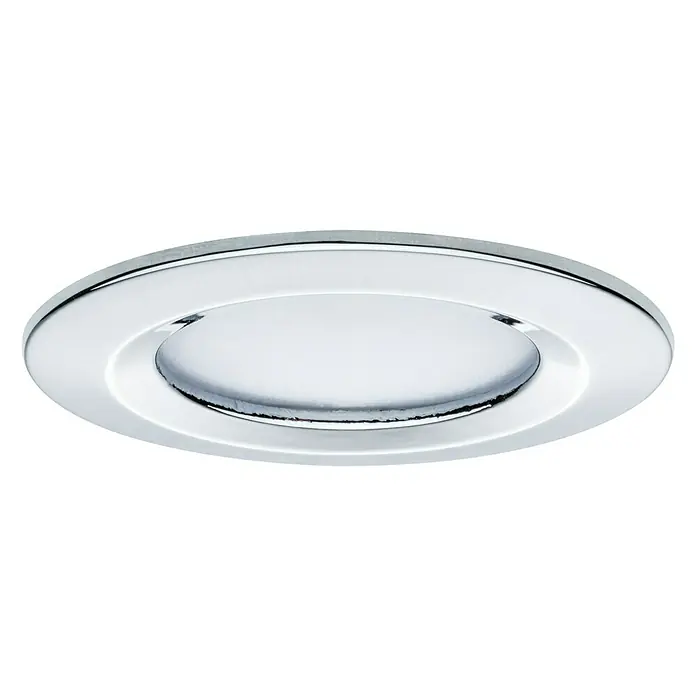 Paulmann Set de focos LED empotrables Nova Reto Rigid - 6,5 W, Cromo, 3 ud., Blanco cálido, Diámetro: 7,8 cm, IP44 - Primer plano de una luz empotrada redonda cromada. El diseño elegante de la luminaria proporciona una iluminación elegante.