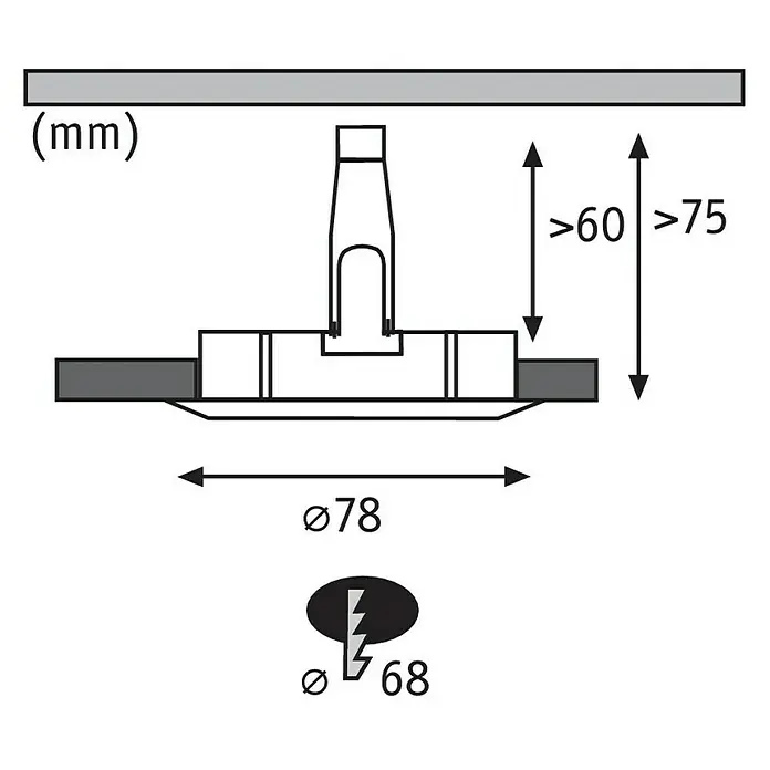 Paulmann LED-Einbauleuchten-Set Nova - 6,5 W, Chrom, 3 Stk., Warmweiß, Durchmesser: 7,8 cm, IP44 - Produktansicht mit Maßen: Durchmesser 78 mm, Höhe >60 mm oder >75 mm und Durchmesser des Lochs ist 68 mm.