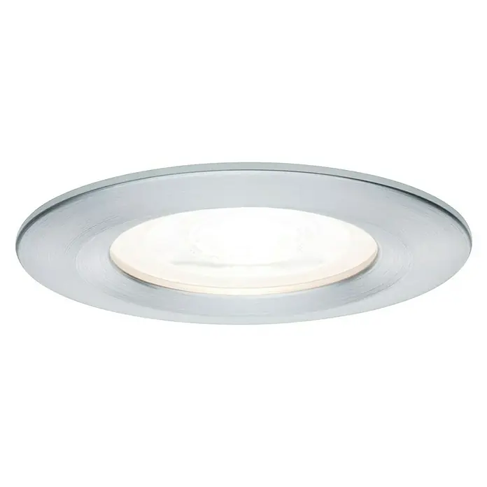 Paulmann Set de focos LED empotrables Nova Reto Rigid - 6,5 W, Aluminio, 3 ud., Blanco cálido, Diámetro: 7,8 cm, IP44 - Primer plano de una moderna lámpara LED empotrable redonda con marco plateado y luz blanca cálida. Ideal para iluminación interior.