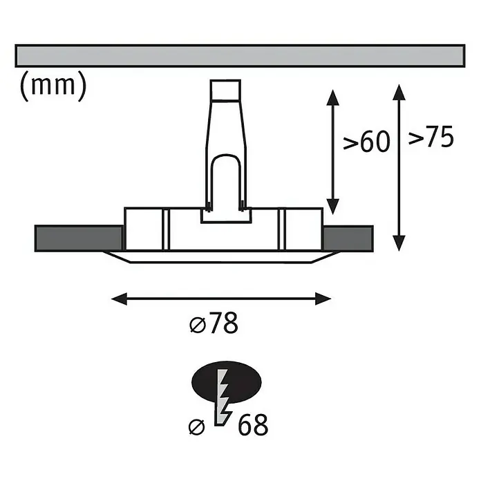 Paulmann LED-Einbauleuchten-Set Nova - 6,5 W, Aluminium, 3 Stk., Warmweiß, Durchmesser: 7,8 cm, IP44 - Abbildung einer schematischen Zeichnung einer Deckenbefestigung mit Maßangaben in Millimetern.