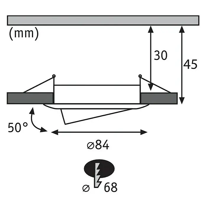 Paulmann LED-Einbauleuchte Nova rund - 6,5 W, Weiß, Warmweiß, 1 Stk., Leuchtenkopf beweglich - Technische Zeichnung einer Deckeneinbauleuchte mit Maßangaben zu Durchmesser, Winkel und Einbautiefe in Millimetern.