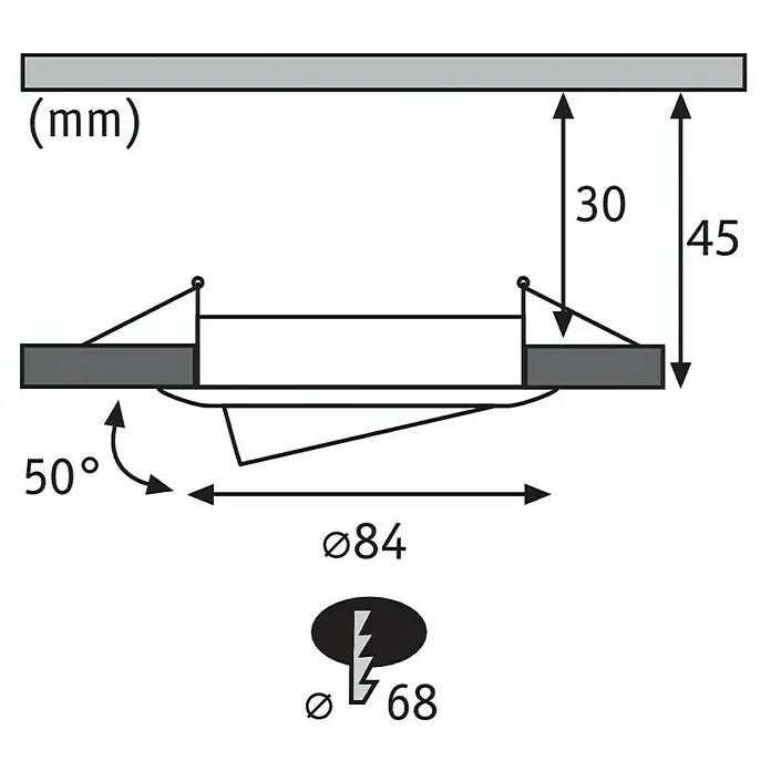 Paulmann Nova LED-Einbauleuchten-Set - 6,5 W, 3 Stk., Warmweiß, 8,4 cm, Weiß - Technische Zeichnung eines Deckeneinbauspots mit Maßangaben zu Durchmesser, Einbautiefe und Neigungswinkel in Millimetern.
