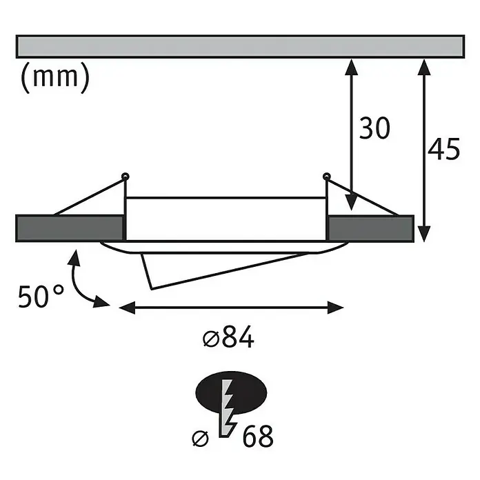Paulmann Nova LED-Einbauleuchten-Set - 6,5 W, 3 Stk., Warmweiß, 8,4 cm, Chrom - Skizze einer LED-Einbauleuchte mit den Maßen 30 mm, 45 mm, Ø84 mm und Ø68 mm. Die Leuchte hat einen Neigungswinkel von 50 Grad.