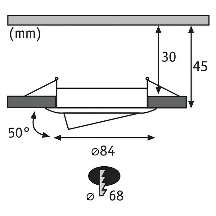 Paulmann Nova LED-Einbauleuchten-Set - 6,5 W, 3 Stk., Warmweiß, 8,4 cm, Aluminium - Technische Zeichnung einer Deckenleuchte mit Maßangaben in Millimetern.