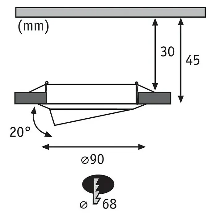 Paulmann LED-Einbauleuchte Base - 5 W, Weiß, Warmweiß, Durchmesser: 51 mm - Schematische Darstellung einer Leuchte mit Maßangaben. Abmessungen: 90 mm Durchmesser, 30-45 mm Deckenabstand, 20° Neigungswinkel.