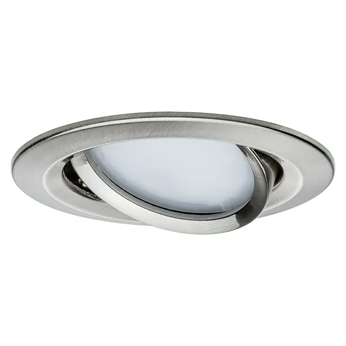 Paulmann Nova LED-Einbauleuchte - 6,5 W, Eisen gebürstet, Warmweiß, Gesamtstückzahl: 1 Stk. - Nahaufnahme einer runden Deckenleuchte in gebürstetem Nickel mit schwenkbarem LED-Spot für gezielte Beleuchtung im Innenbereich.