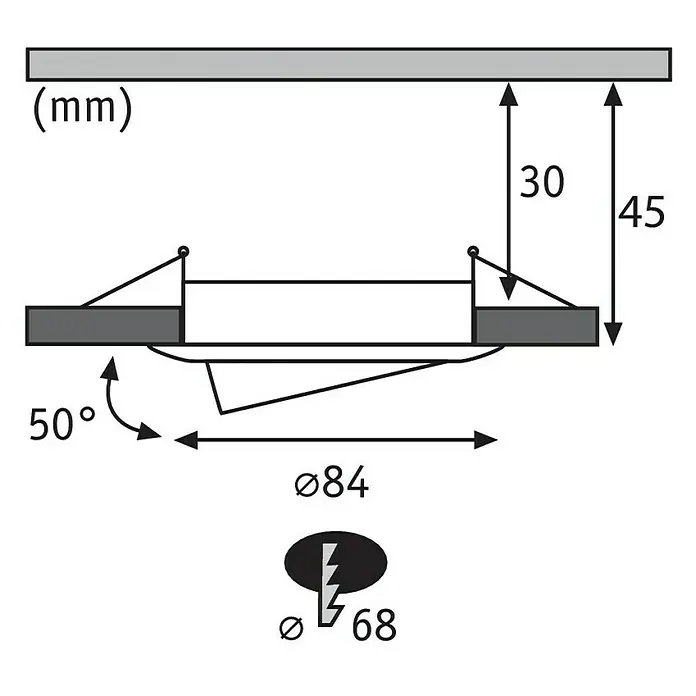 Paulmann Nova LED-Einbauleuchte - 6,5 W, Eisen gebürstet, Warmweiß, Gesamtstückzahl: 1 Stk. - Produktbild mit technischen Details. Die Abmessungen sind in Millimetern angegeben, sowie die Spannungsangabe des Produkts.