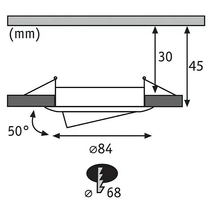 Paulmann Downlight LED empotrable Set de 3 Nova Plus - 6,8 W, Aluminio, Blanco cálido - Dibujo técnico de foco empotrable: 30mm de profundidad, Ø84mm exterior, Ø68mm de corte, 50° de inclinación.