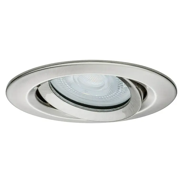 Paulmann Nova Set de focos LED empotrables Nova Coin - 7 W, Blanco cálido, IP65, 3 ud., Plata - Primer plano de un foco empotrable de techo con acabado de níquel cepillado y cabezal de lámpara ajustable para iluminación dirigida.