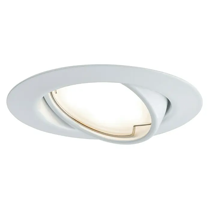 Paulmann Set de focos LED empotrables Base Coin - 5 W, Blanco, 3 ud., Blanco cálido - Primer plano de un foco empotrable blanco y redondo con luz blanca cálida, ajustable, ideal para crear un ambiente acogedor.