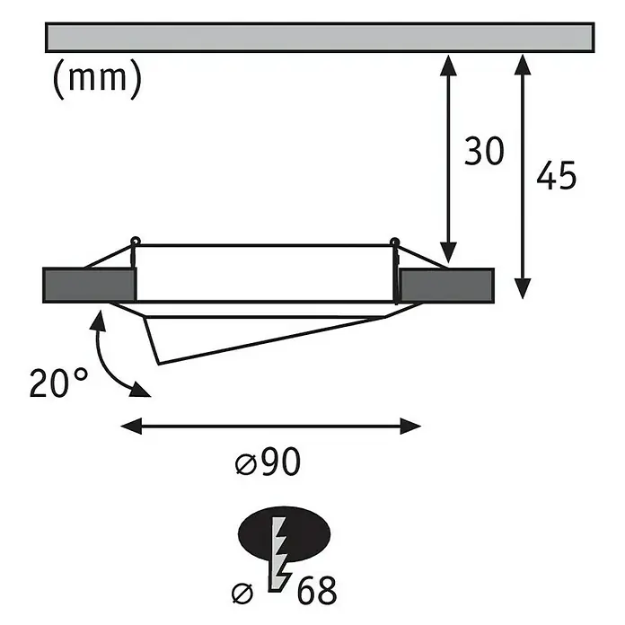 Paulmann LED-Einbauleuchten-Set Base - 5 W, Weiß, 3 Stk., Warmweiß - Abbildung einer Lampe mit den Maßen 30 mm und 45 mm von der Decke und einem Durchmesser von 90 mm und 68 mm.