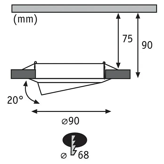 Paulmann LED-Einbauleuchten-Set Base Rund - 5 W, Weiß, 3 Stk., Warmweiß - Schematische Darstellung einer Leuchte mit Maßangaben zu Abstand, Durchmesser und Neigung für Installationszwecke.