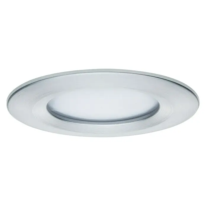 Paulmann Nova Set de focos LED empotrables Nova Coin Rigid - 6,5 W, 3 ud., Blanco cálido, Diámetro: 7,8 cm, Aluminio - Primer plano de una lámpara de techo LED redonda empotrada con marco de metal cepillado y cubierta de luz difusa.