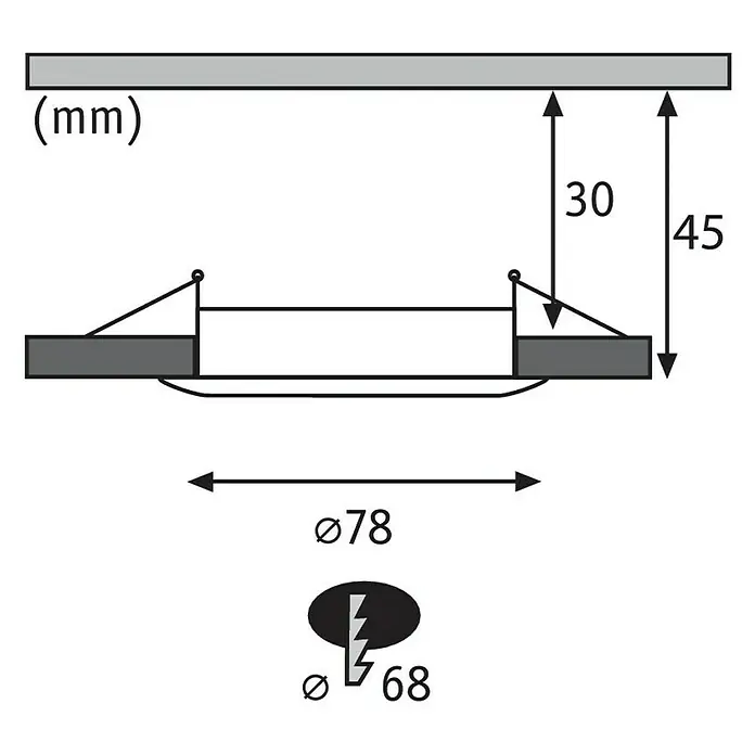 Paulmann Nova Set de focos LED empotrables Nova Coin Rigid - 6,5 W, 3 ud., Blanco cálido, Diámetro: 7,8 cm, Aluminio - Dibujo esquemático de un foco LED empotrable con dimensiones como el diámetro (78 mm), la profundidad de empotramiento (45 mm) y el espacio libre del techo (30 mm).