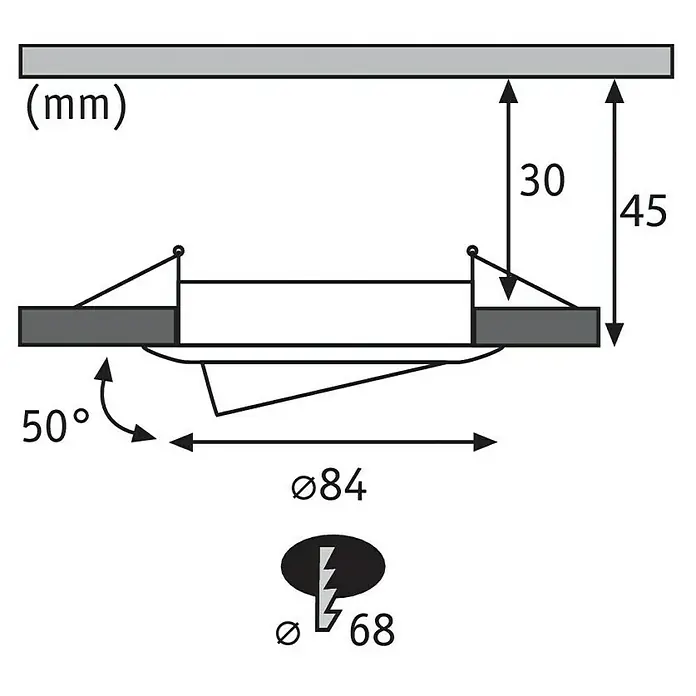 Paulmann LED-Einbauleuchte Nova - 6,5 W, Eisen gebürstet, Warmweiß, Leuchtenkopf beweglich - Schematische Darstellung einer Einbauleuchte mit Maßangaben und Montagehinweisen für den Elektroanschluss.