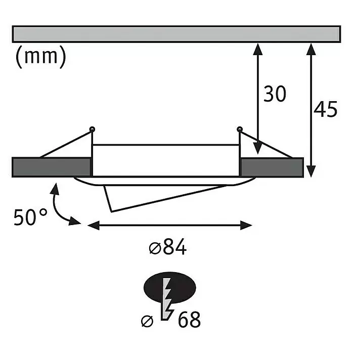 Paulmann Downlight empotrable LED redondo Nova Plus Coin - 6,8 W, Ø x Al: 8,4 x 4,5 cm, Aluminio, Blanco cálido - Dibujo técnico de foco empotrable con dimensiones: Ø84mm exterior, Ø68mm recorte, 45mm profundidad, ángulo de luz 50° ajustable.