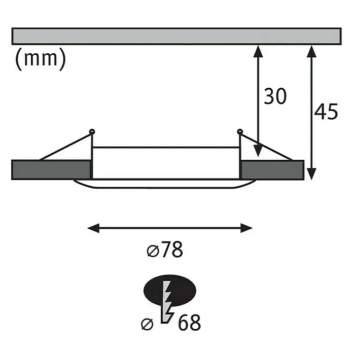 Paulmann LED-Einbauleuchte Nova - 6,5 W, Weiß, Warmweiß - Produktbild mit den Maßen des Deckeneinbaustrahlers, Durchmesser 78mm, Durchmesser der Aussparung 68mm, Tiefe 45mm, Einbautiefe 30mm.