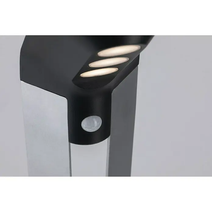 Paulmann Soley LED-Außenwegleuchte - Warmweiß, IP44, Anthrazit - Nahaufnahme einer modernen Außenleuchte mit Bewegungsmelder und LED-Leuchten, ideal für den Garten oder die Terrasse.