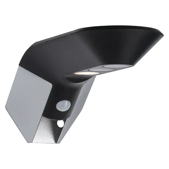 Paulmann Soley Solar-Außenwandleuchte - 1,2 W, L x B x H: 24 x 10,4 x 10 cm, Anthrazit, IP44 - Nahaufnahme einer modernen, schwarzen und silbernen Außenwandleuchte mit Bewegungsmelder für eine stilvolle Beleuchtung im Freien.
