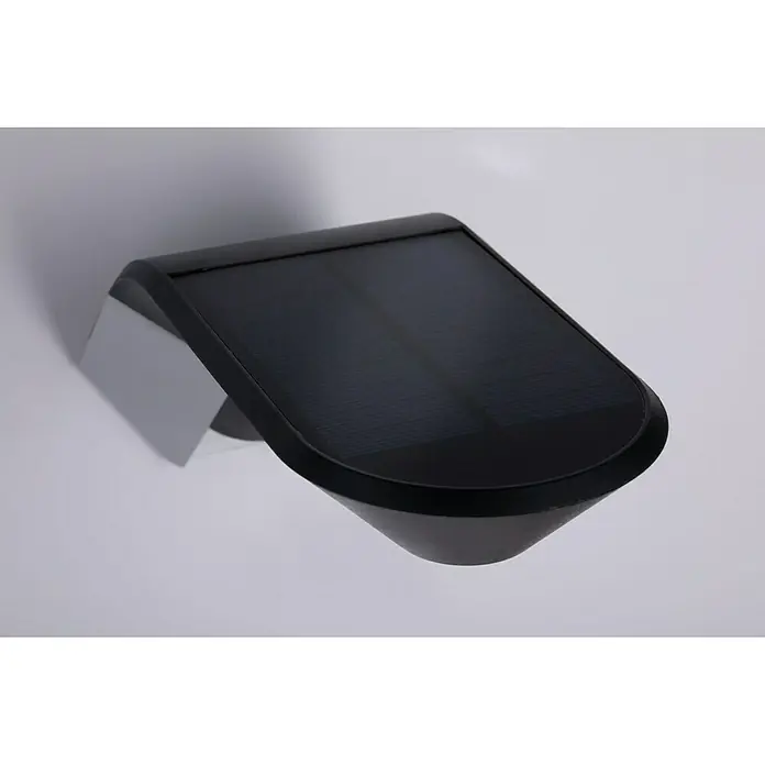 Paulmann Soley Solar-Außenwandleuchte - 1,2 W, L x B x H: 24 x 10,4 x 10 cm, Anthrazit, IP44 - Nahaufnahme einer Solar Wandleuchte. Das Produkt verfügt über ein schwarzes Solarpanel und ein helles Gehäuse zur Wandmontage.