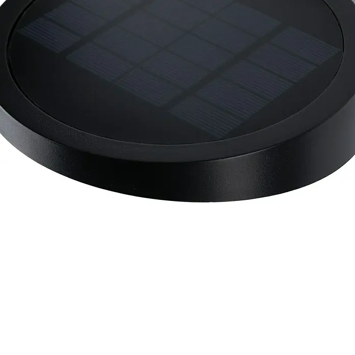 Paulmann Ryse Solar-Außenwandleuchte - 1,2 W, L x B x H: 14,7 x 15,4 x 4,1 cm, Anthrazit, IP44 - Nahaufnahme eines runden Solarpanels mit schwarzem Rahmen. Ideal für nachhaltige Beleuchtungslösungen im Außenbereich.