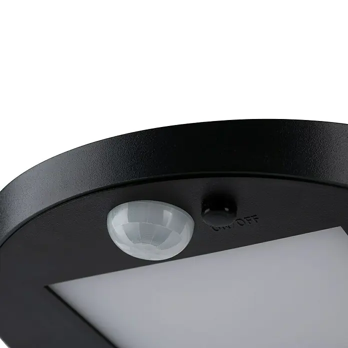 Paulmann Ryse Solar-Außenwandleuchte - 1,2 W, L x B x H: 14,7 x 15,4 x 4,1 cm, Anthrazit, IP44 - Detailaufnahme einer schwarzen LED-Leuchte mit Bewegungsmelder und Ein/Aus-Schalter, ideal für den Außenbereich.