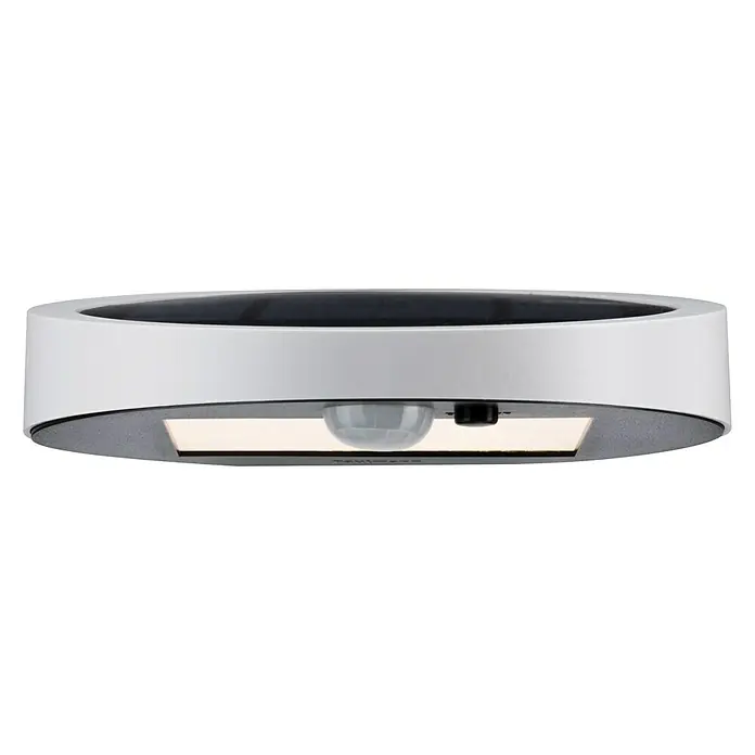Paulmann Ryse LED-Solar-AußenwandleuchteBewegungsmelder, 1,2 W, Material: Kunststoff, Warmweiß, Weiß - Nahaufnahme einer runden Solarleuchte mit Bewegungssensor, ideal für den Außenbereich, in Weiß und Grau gehalten.