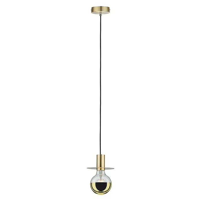 Paulmann Pendelleuchte Stian - Messing, 150 cm, 20 W, E27 - Nahaufnahme einer modernen Pendelleuchte mit einem goldfarbenen Finish und einer einzigartigen Glühbirne, die ein elegantes Designelement darstellt.